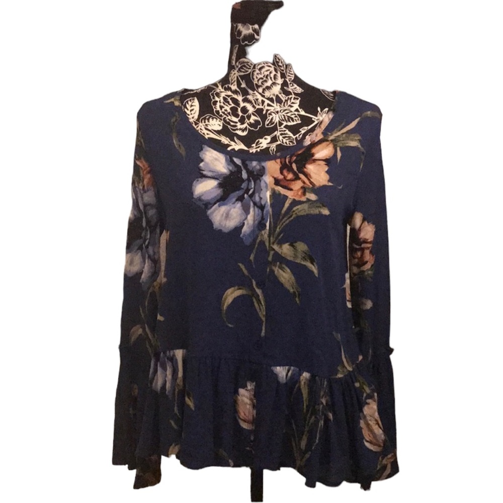 Navy Floral Button Down BoHo Blouse - Picture 6 of 7